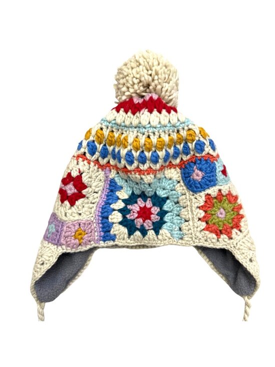 French Knot Women\'s Beanie Hat Beige Floral Woodstock Crochet Earflap Patchwork main image 8